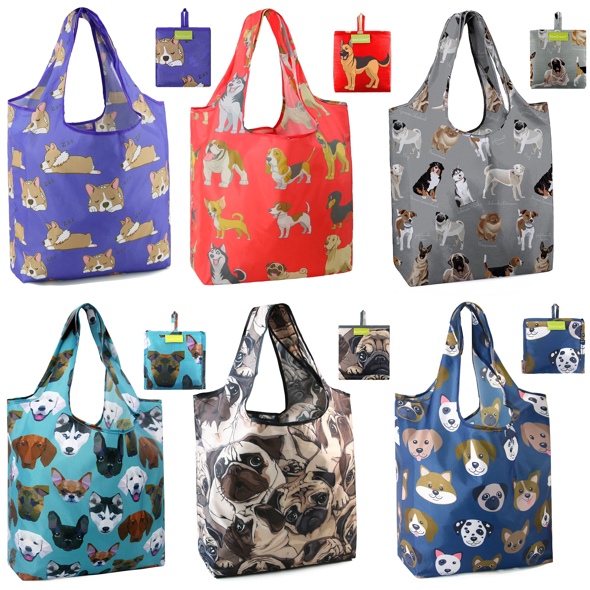 BeeGreen Christmas Reusable Gift Bags,6 Pack Large Holiday Tote Foldable Cloth Bag for Women, Cute Grocery Storage for Xmas Gifts Market Shopping, Washable Collapsible Reusable Bags with Handles